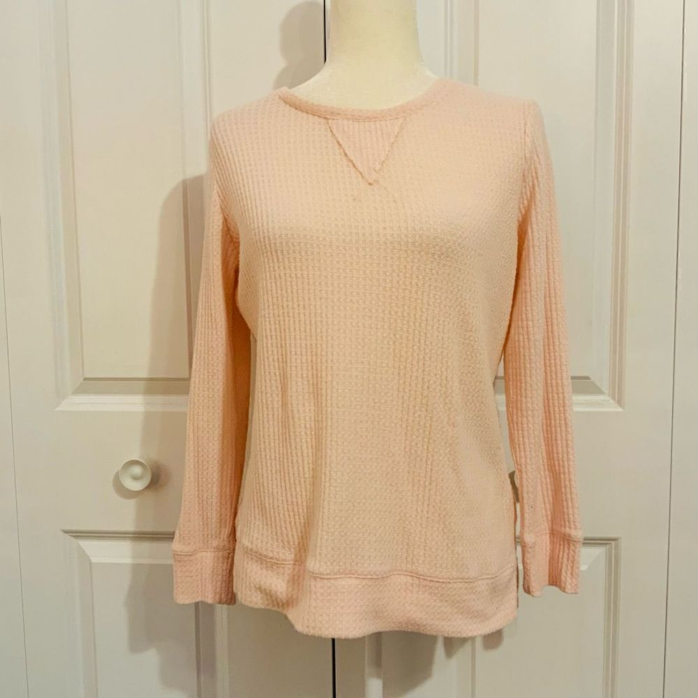 Green Tea Light Blush Pink Waffle Knit Thermal Long Sleeve Sweater Medium
